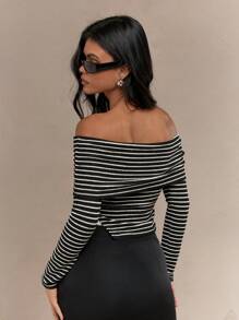 MISSGUIDED Striped Side Slit Long Sleeves Bardot Top - Black and White - View 2