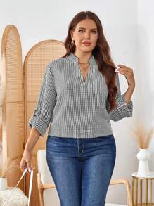 SHEIN LUNE 大码V领长袖纽扣装饰休闲衬衫女式上衣纽扣女式衬衫格子女式衬衫秋季商务休闲女式工作衬衫商务衬衫假日 - 黑與白 - 查看 4