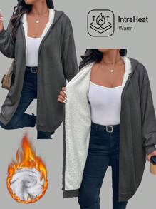 SHEIN LUNE Áo khoác ấm lót vải Jacquard dệt kim cỡ lớn màu tương phản Quần áo mùa đông - Màu xám đen - Xem 1