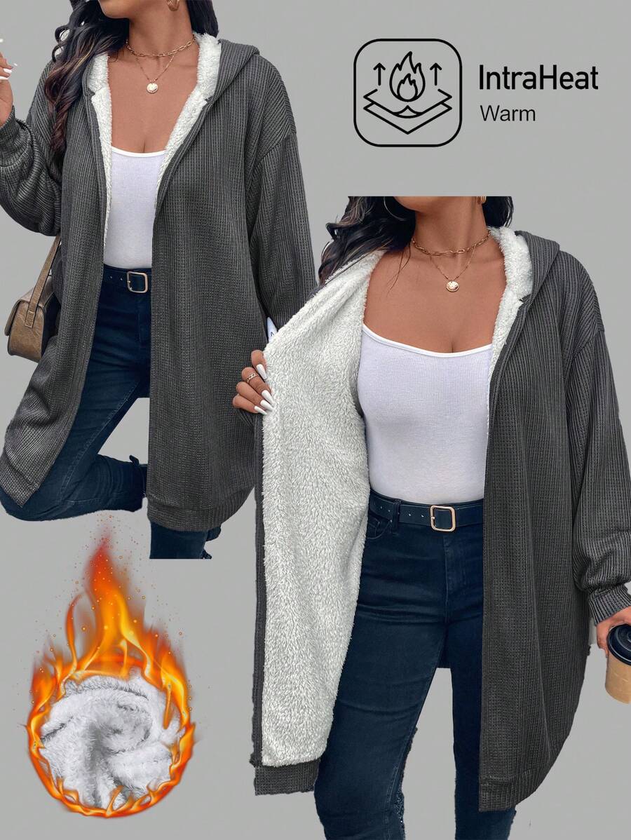 SHEIN LUNE Áo khoác ấm lót vải Jacquard dệt kim cỡ lớn màu tương phản Quần áo mùa đông - Màu xám đen - Xem 1