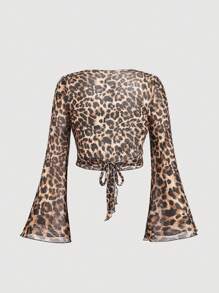 SHEIN MOD Plus Size Leopard Print Mesh Criss-Cross Wrap Top With Flare Sleeves,Leopard Top,Leopard Shirt,Leopard Costume,Long Sleeve Shirt, Costume,Fall Women Outfits - Multicolor - View 8