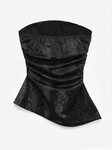 SHEIN EZwear Women's PU Ruched Asymmetric Hem Fashionable Tube Top - Black - View 2