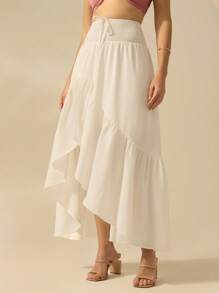 CAJUNI Women Flounce Asymmetrical White Maxi Boho And Elegant Skirt , Perfect For Holiday And Casual Outing - White - View 3