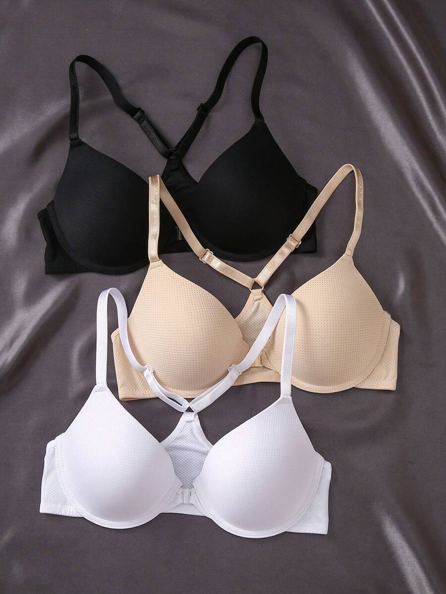3pcs/Set Comfortable Front Button Closure Padded Push Up Bras For Small Bust, Lift & Support