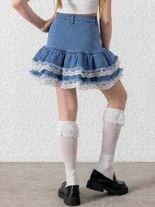 Váy denim cho bé gái tuổi teen có ren, thiết kế mềm mại dễ thương có lót, phong cách giản dị và thời trang mới - Rửa trung bình - Xem 2