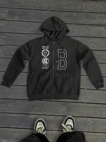 Manfinity Homme Men Letter Graphic Zip Up Drawstring Hoodie - Black - View 1