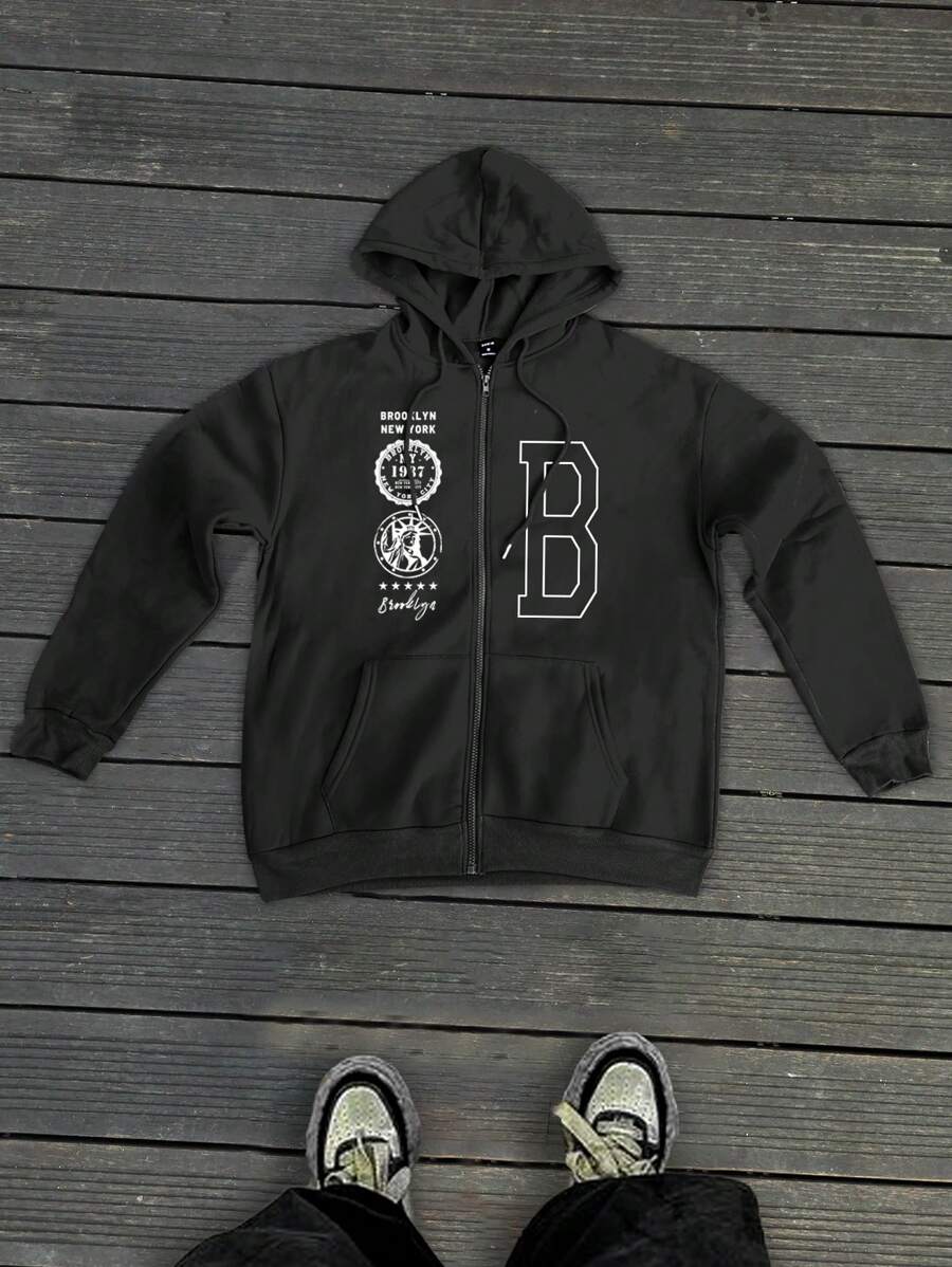 Manfinity Homme Men Letter Graphic Zip Up Drawstring Hoodie - Black - View 1