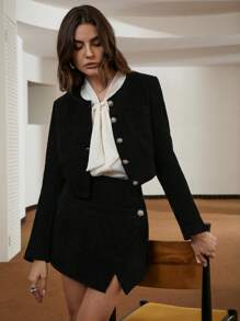 Aveloria Modichic Women's 2 Pieces Outfit Crop Tweed Jacket And Bodycon Mini Slip Skirt - Black - View 1