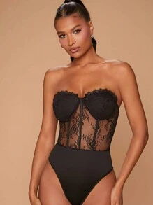 Hauture Women's Solid Color Lace Patchwork Sheer Bandeau Bodysuit