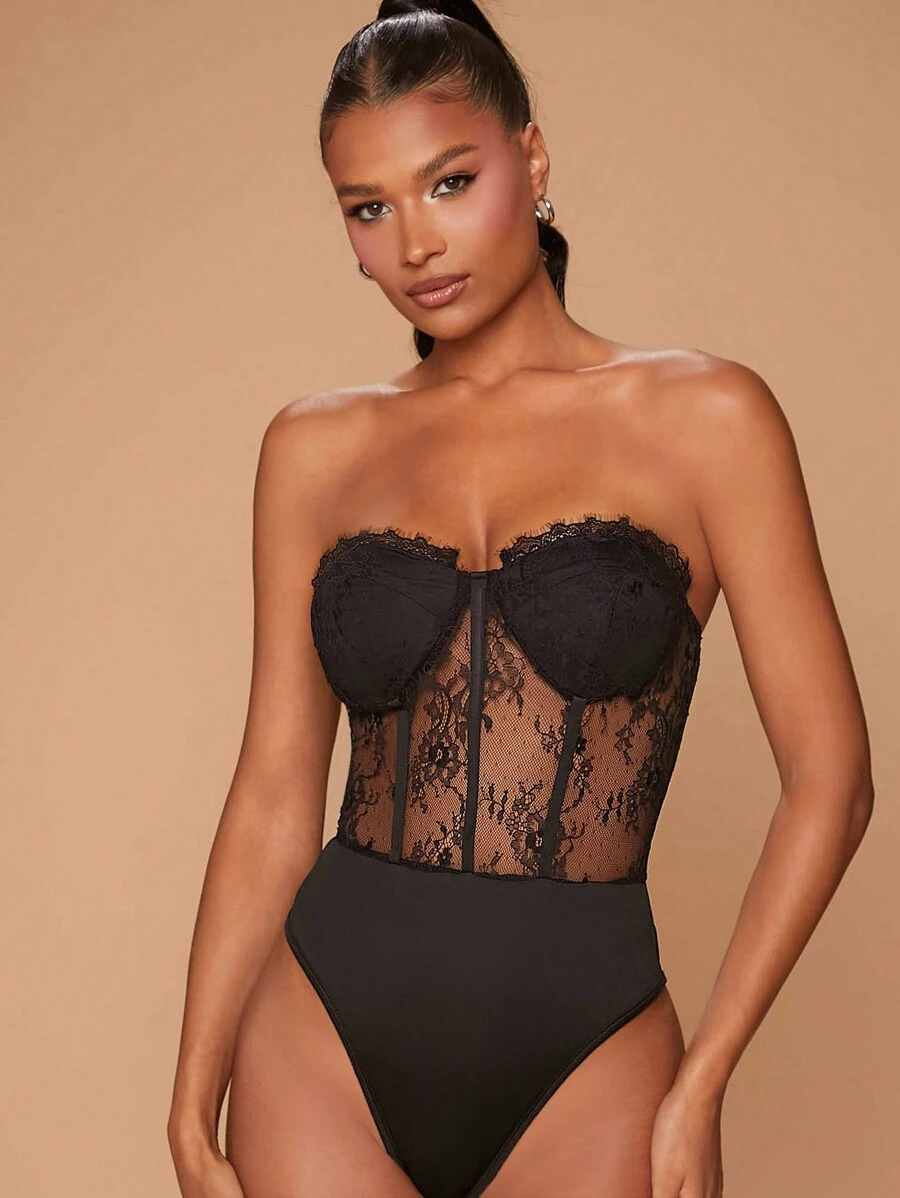 Hauture Women's Solid Color Lace Patchwork Sheer Bandeau Bodysuit