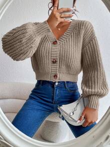 EMERY ROSE Women's Solid Color Dropped Shoulder Long Sleeve Casual Short Knit Cardigan, Autumn Winter,Long Sleeve Tops Fall Cloth For Women - Mocha Brown - View 5