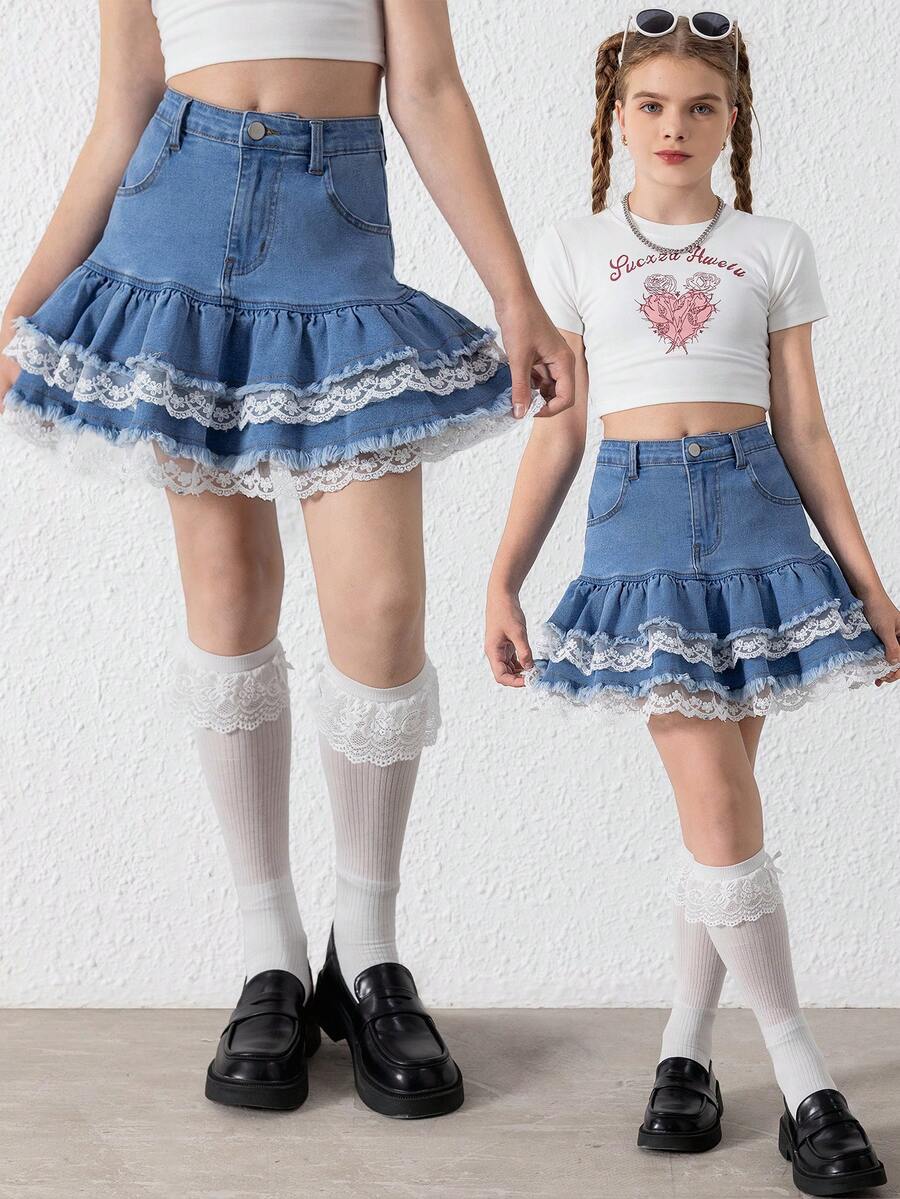 Váy denim cho bé gái tuổi teen có ren, thiết kế mềm mại dễ thương có lót, phong cách giản dị và thời trang mới - Rửa trung bình - Xem 1