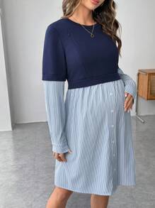 SHEIN Maternity Nursing Dress, Knit Round Neck Long Sleeve Colorblock Pregnant Women Dress, Blue - Blue - View 5