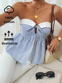 SHEIN Frenchy 女士夏季条纹印花无袖上衣，女士撞色条纹印花上衣，束身胸衣，返校季，教师款，美式上衣，复古风格，教师上衣，70年代复古风，Y2K风格上衣，100%纯棉休闲蓝色上衣 - 藍色 - 查看 1