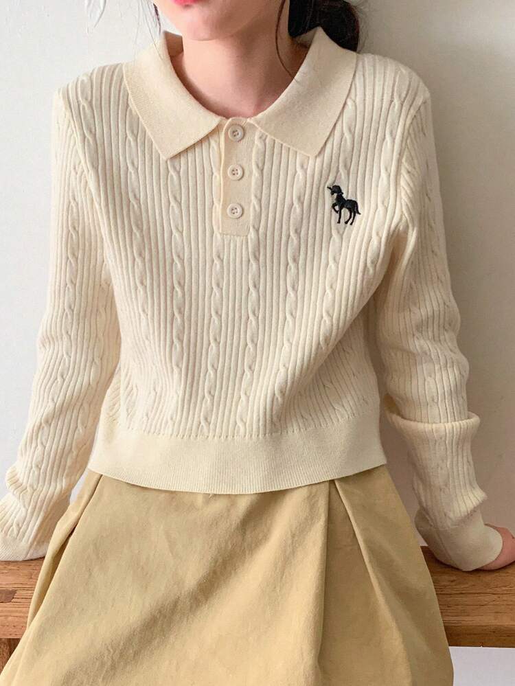 Tween Girls Casual Embroidery Pattern Collar Sweater, Autumn