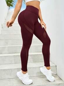Yoga Basic Mesh Contrast High Waist Seamless Leggings - Burgundy - View 1