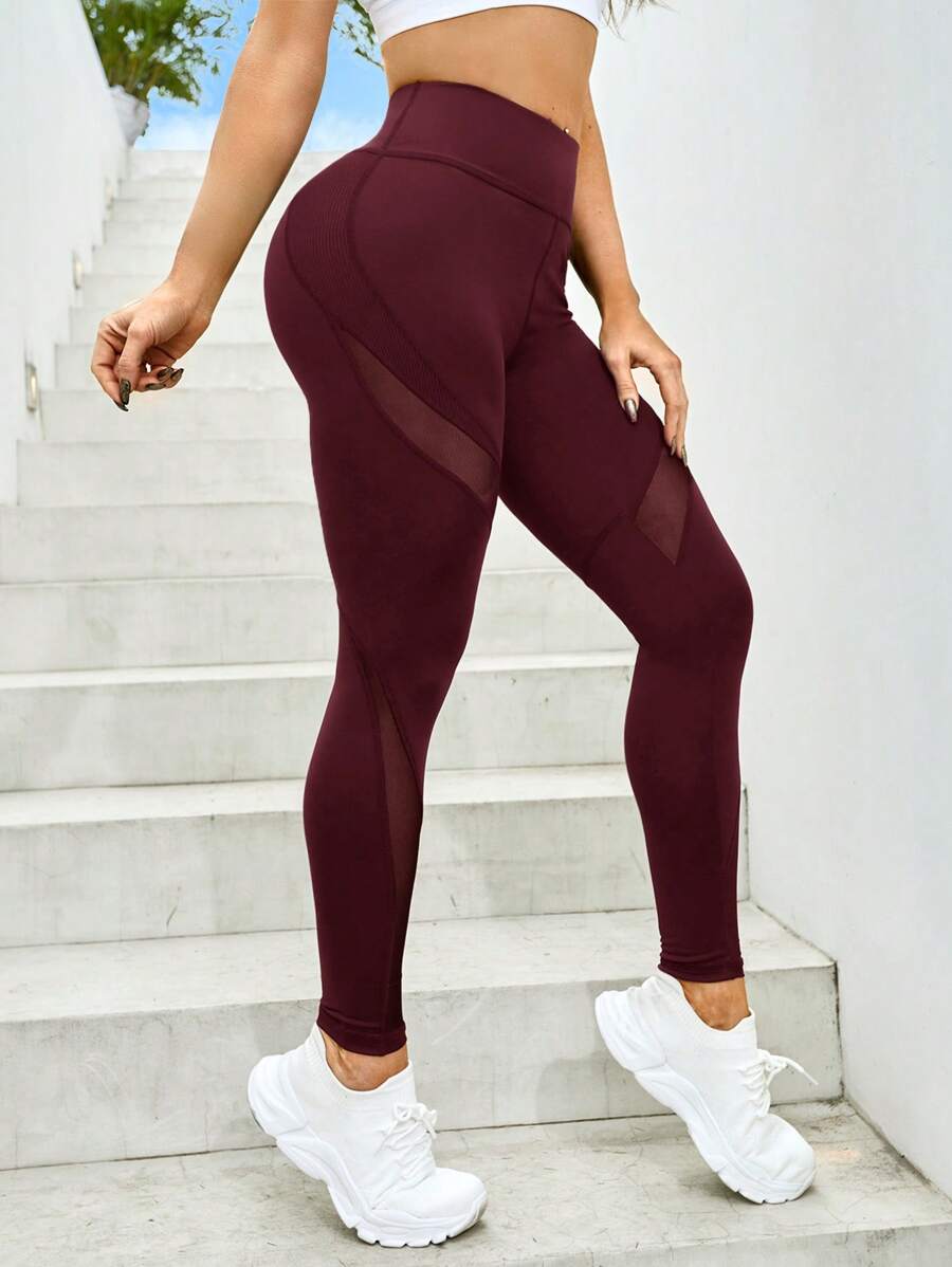 Yoga Basic Mesh Contrast High Waist Seamless Leggings - Burgundy - View 1