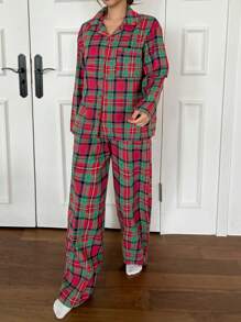 DAZY Conjunto de pijama con camisa de manga larga con botones y pantalón largo a cuadros, holgado
