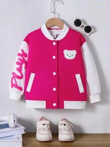 Young Girl Color-Block Baseball Collar Loose Casual Jacket ,Bomber Jacket Kids - Hot Pink - View 2