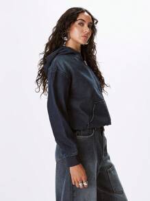 MUSERA Denim Zip Through Hooded Jacket Spring 90's Cute Summer Spring Streetwear - Black - View 2