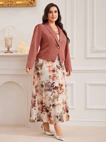 Modelyn 2 件大码套装：翻领长袖上衣和全身印花优雅连衣裙 2 件套