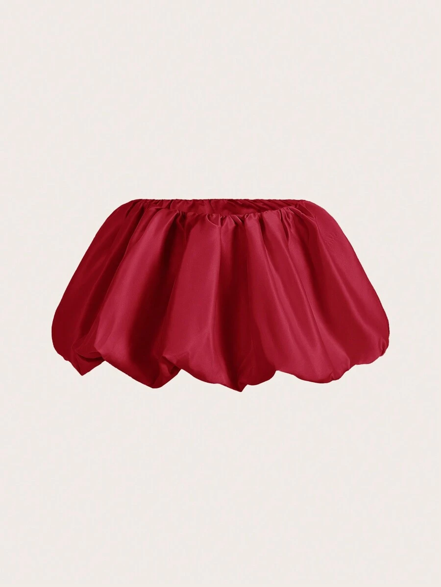 SHEIN ICON Y2k 春季纯色低腰褶皱泡泡花迷你裙 - 酒紅色 - 查看 1