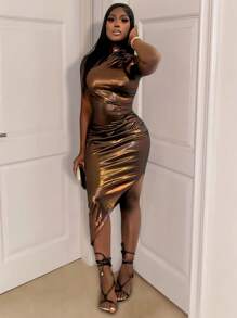 Slaydiva Vestido ajustado de diseño arrugado con bajo asimétrico sin mangas para mujeres - Marrón - Ver 1