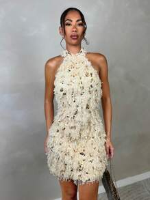 SHEIN BAE Women's Cream Summer 70s Retro Sequin Party Backless Halter Off Shoulder Mini Dress,Glitter Wedding Guest Homecoming Love And Lemonade Outfits - Khaki - View 5