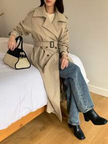 DAZY Women Business Casual Solid Color Double-Breasted Trench Coat,Fall Women Clothes