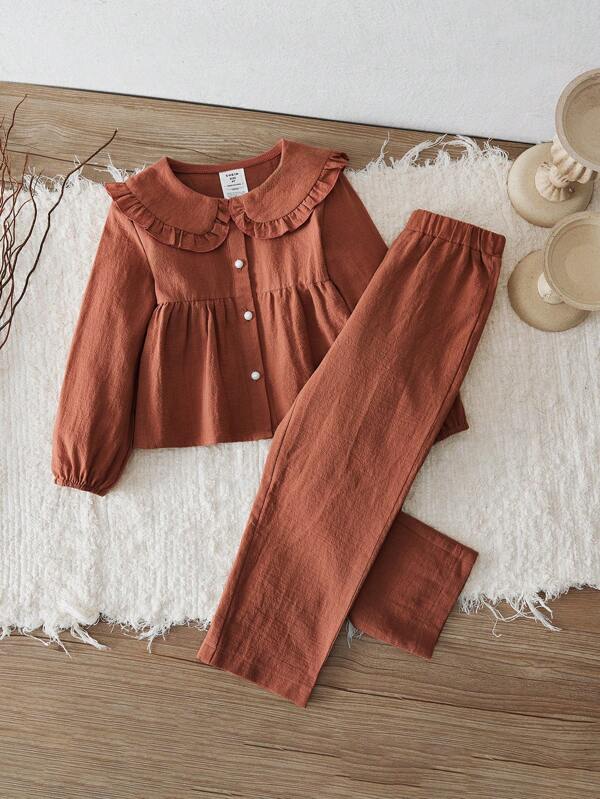 SHEIN Vintaside Kids Set de 2 piezas de top con cuello y pantalones casuales para niñas, color marrón, estilo campestre, material de algodón, adecuado para otoño e invierno