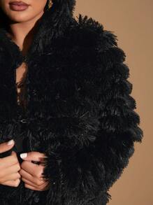 SHEIN BAE 大码女装秋冬优雅派对约会时尚超级百搭纯色黑色长袖皮草时尚仙女性感保暖连帽皮草大衣毛绒大衣加前毛绒大衣 - 黑色 - 查看 8