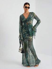 SHEIN Tall Bộ đồ hai mảnh thời trang lãng mạn cho kỳ nghỉ dành cho nữ gồm áo sơ mi buộc dây bèo nhún + váy - màu xanh lá - Xem 4