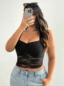 SHEIN EZwear Top de tirantes de encaje vintage negro en talla grande, para el verano