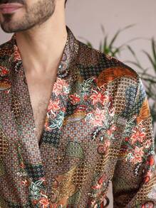 Men's Floral Print Robe With Belted Waist - Multicolor - View 5