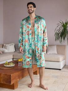Men's Tropical Plant Printed Belted Long Sleeve Robe