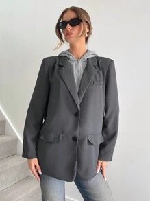SHEIN Essnce Women Blazers,Women Hooded 2 In 1 Suit Jacket, Casual Loose Blazer, Grey, Women Office Wear, Business Casual Ladies OutfitWomen Blazers,Police Women Costume,Business Casual Women Costume, Winter Clothes,Elegant,Office Teacher Wear, Commuter Women's Suit - Grey - View 1