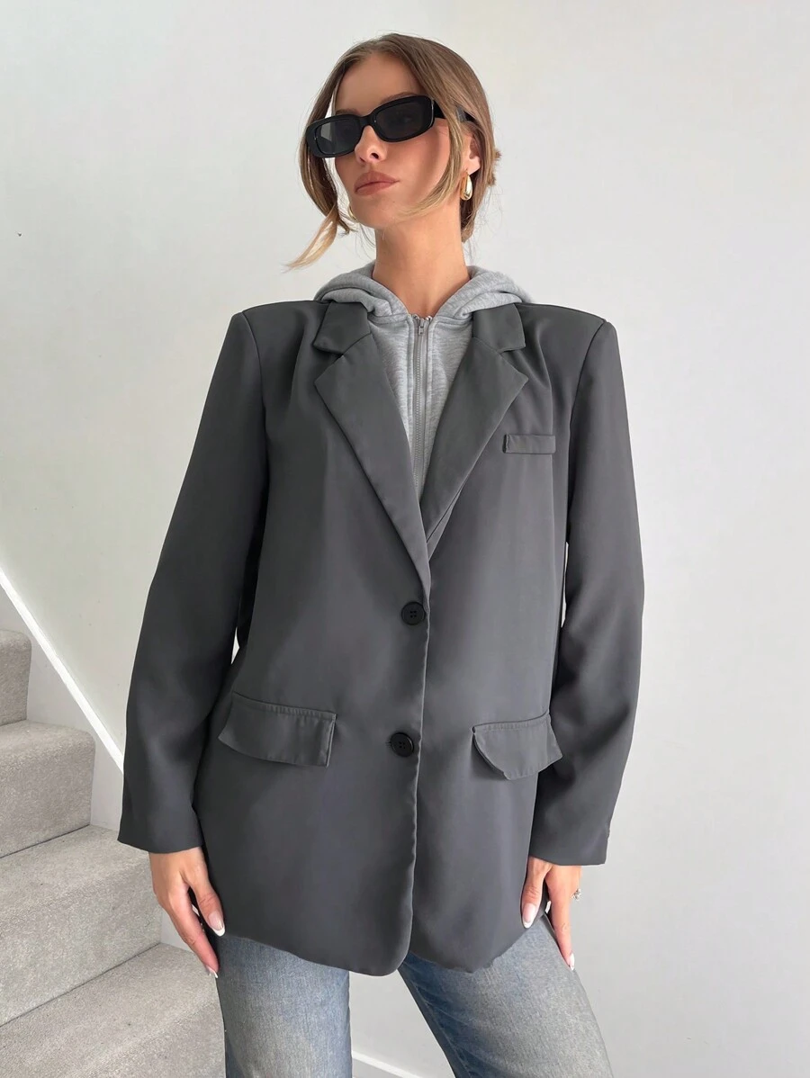 SHEIN Essnce Women Blazers,Women Hooded 2 In 1 Suit Jacket, Casual Loose Blazer, Grey, Women Office Wear, Business Casual Ladies OutfitWomen Blazers,Police Women Costume,Business Casual Women Costume, Winter Clothes,Elegant,Office Teacher Wear, Commuter Women's Suit - Grey - View 1