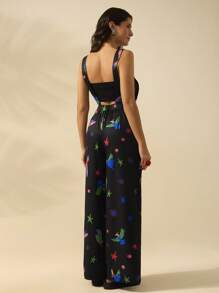 CAJUNI Women's Holiday Vacation Casual Bohemian Tropical Bird Print Black Jumpsuit For Summer