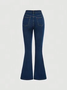 青少年女孩纯色贴身口袋喇叭腿牛仔裤 - 深色水洗藍 - 查看 2