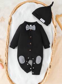 SHEIN Newborn Baby Boy Casual Solid Color Romper + Hat, Suitable For Home And Outdoor Wear, Autumn And Winter