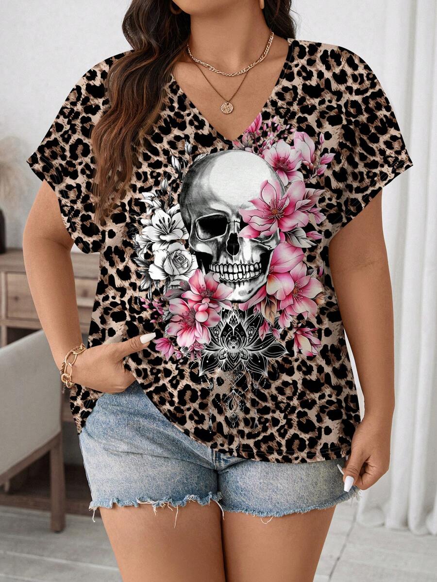 EMERY ROSE 大码女式休闲豹纹与骷髅印花宽松 V 领短袖 T 恤，适合夏季 - 白色 - 查看 1