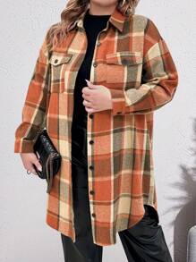 SHEIN LUNE Plus Size Women Plaid Print Front Button Pocket Long Sleeve Dress, Fall Clothes