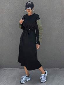 DAZY Robe à capuche femme à design patchwork bicolore avec cordon de serrage, manches longues, pour l'automne et l'hiver - Noir - Voir 3