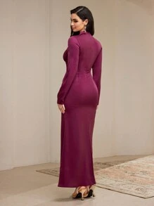 Modelyn Women's Solid Color High Slit Dress With Long Sleeves Long Evening Dresses - Hot Pink - View 2