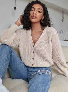 SHEIN LUNE Plus Size Buttoned Drop Shoulder Cardiganbusiness Casual Woman,Holiday Outfits,Country Tops, For Winter - Apricot - View 1