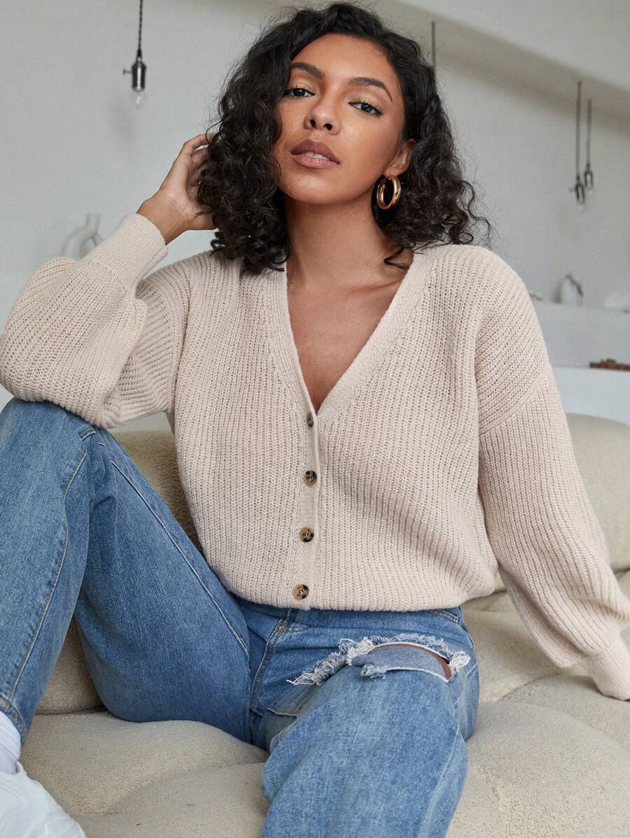 SHEIN LUNE Plus Size Buttoned Drop Shoulder Cardiganbusiness Casual Woman,Holiday Outfits,Country Tops, For Winter - Apricot - View 1