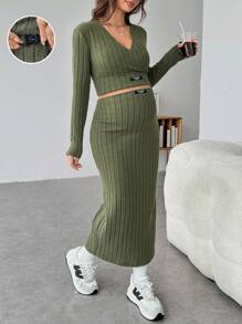 SHEIN Maternity Women's Letter Patched Long Sleeve Cropped Top & Bodycon Skirt 2Pcs Set - Green - View 7