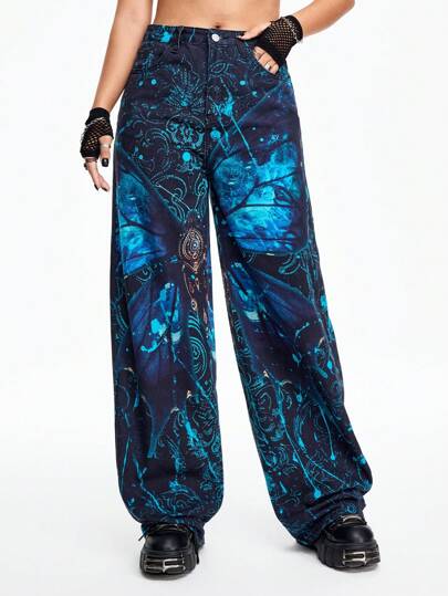 Grunge Punk بنطلون واسع الساق طبعات فراشات فاخرة غامضة على طراز القصور الفاخرة العتيقة للنساء