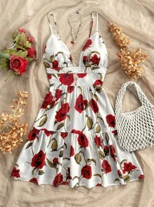 Soleia V-Neck Spaghetti Strap Backless Floral Print A-Line Mini Dress For Women, Autumn/Winter - Multicolor - View 4