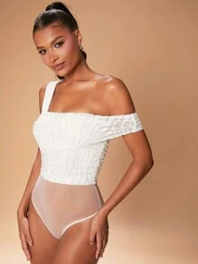 Hauture Asymmetric Neck Ruffle Sleeveless Flocking Bodysuit - White - View 3